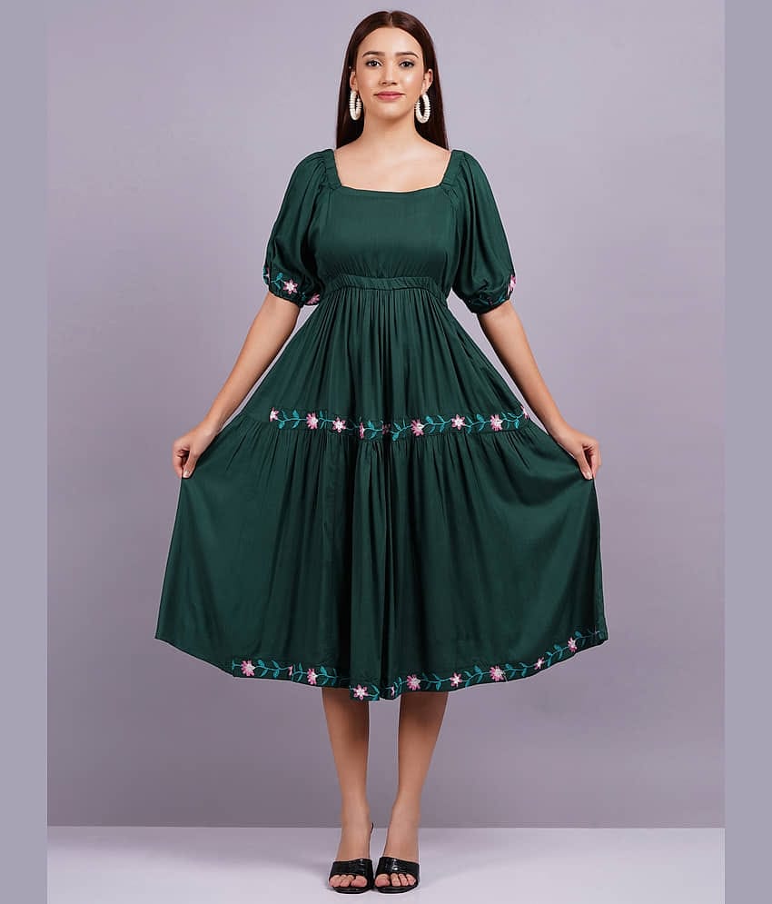 HIGHLIGHT FASHION EXPORT Women Rayon Solid Fit & Flare Dress ( Green )