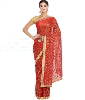 Queenley Chiffon Embroidered Saree Without Blouse Piece ( Red )
