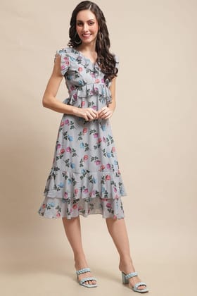 Grey Color Floral Printed Georgette Dress For Women-xs