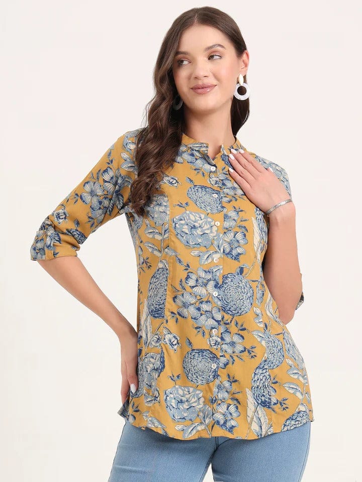 Mustard bloom Rollup Sleeves A-Line Top-S