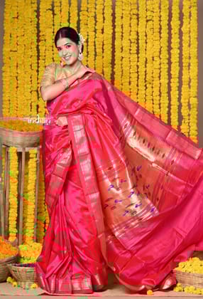Rajsi~ Handloom Pure Silk Paithani Saree with Most Traditional Double Pallu in Beautiful Pink Bloom