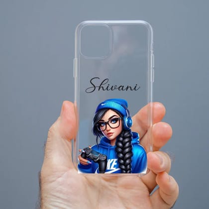 Personalized Cute Girl Transparent Silicon Case Customised with Name for Oppo, Vivo, Redmi, Realme, Poco, Mi, OnePlus, Samsung, iPhone, and More - design 66