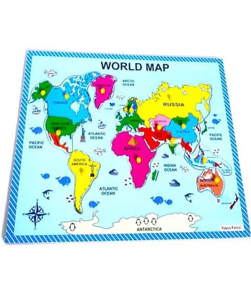 PETERS PENCE- Wooden World Map Puzzle Tray with Knobs for Kids Pre Primary Education   Multicolor