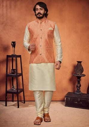 Peach Nehru Jacket and Cream Kurta Pajama Set-S