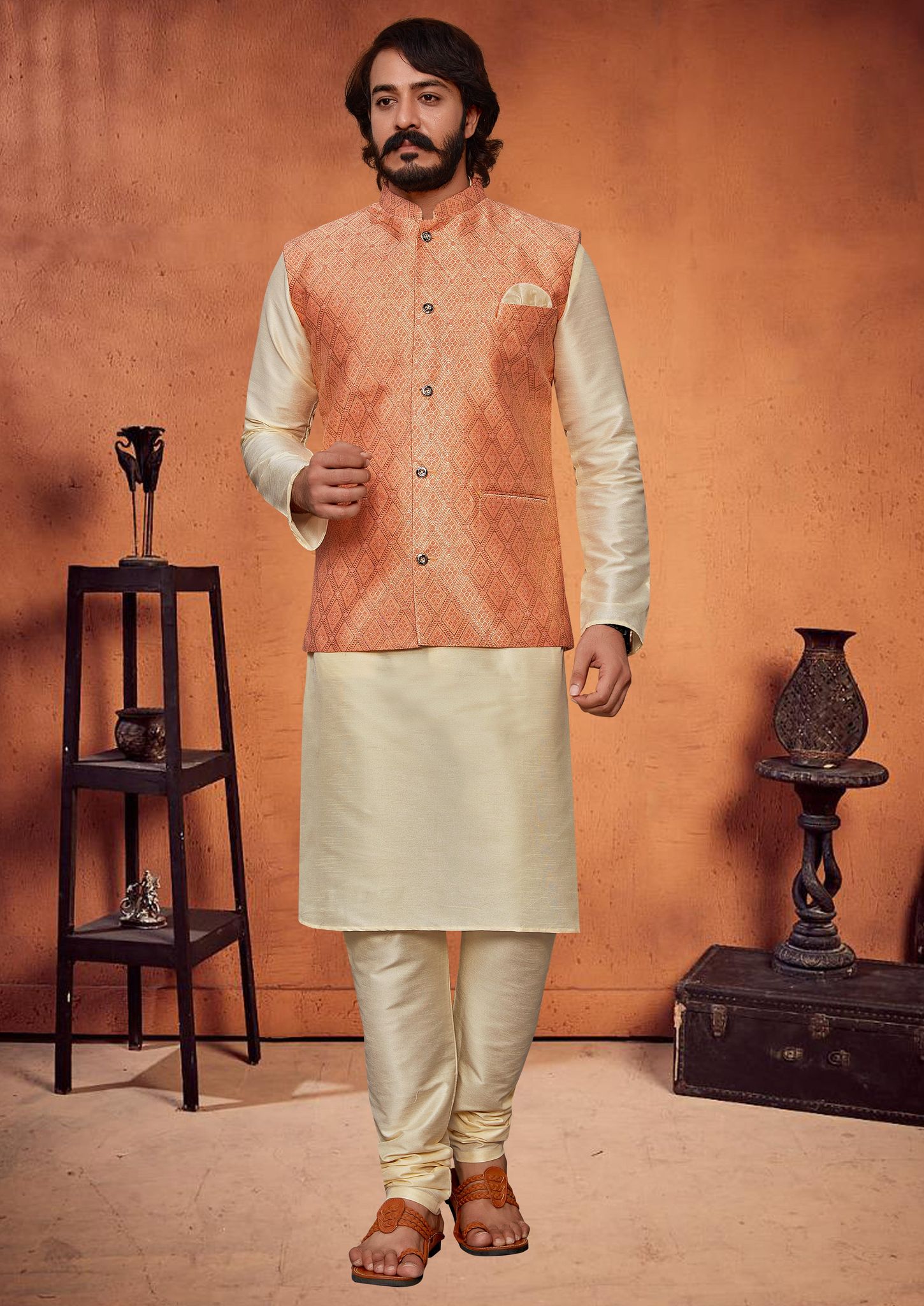 Peach Nehru Jacket and Cream Kurta Pajama Set-S