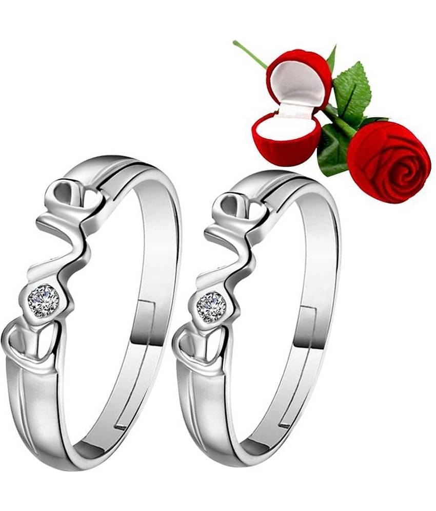 Silver Plated Adjustable Couple Rings Set for lovers Ring with 1 Piece Red Rose Gift Box  for Men and Women