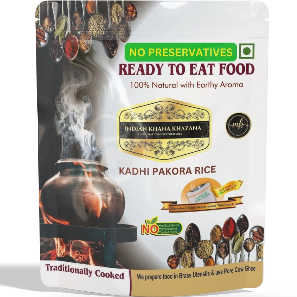 Kadhi Pakora Rice (200gm + 200gm) INDIAN KHANA KHAZANA | No Added Preservative and Colours | Serve Hot Anytime Anywhere with our Flameless Food Heater inside the Pack. Indian Tasty Flavour Ready to Eat Food Kadhi Pakora Rice |