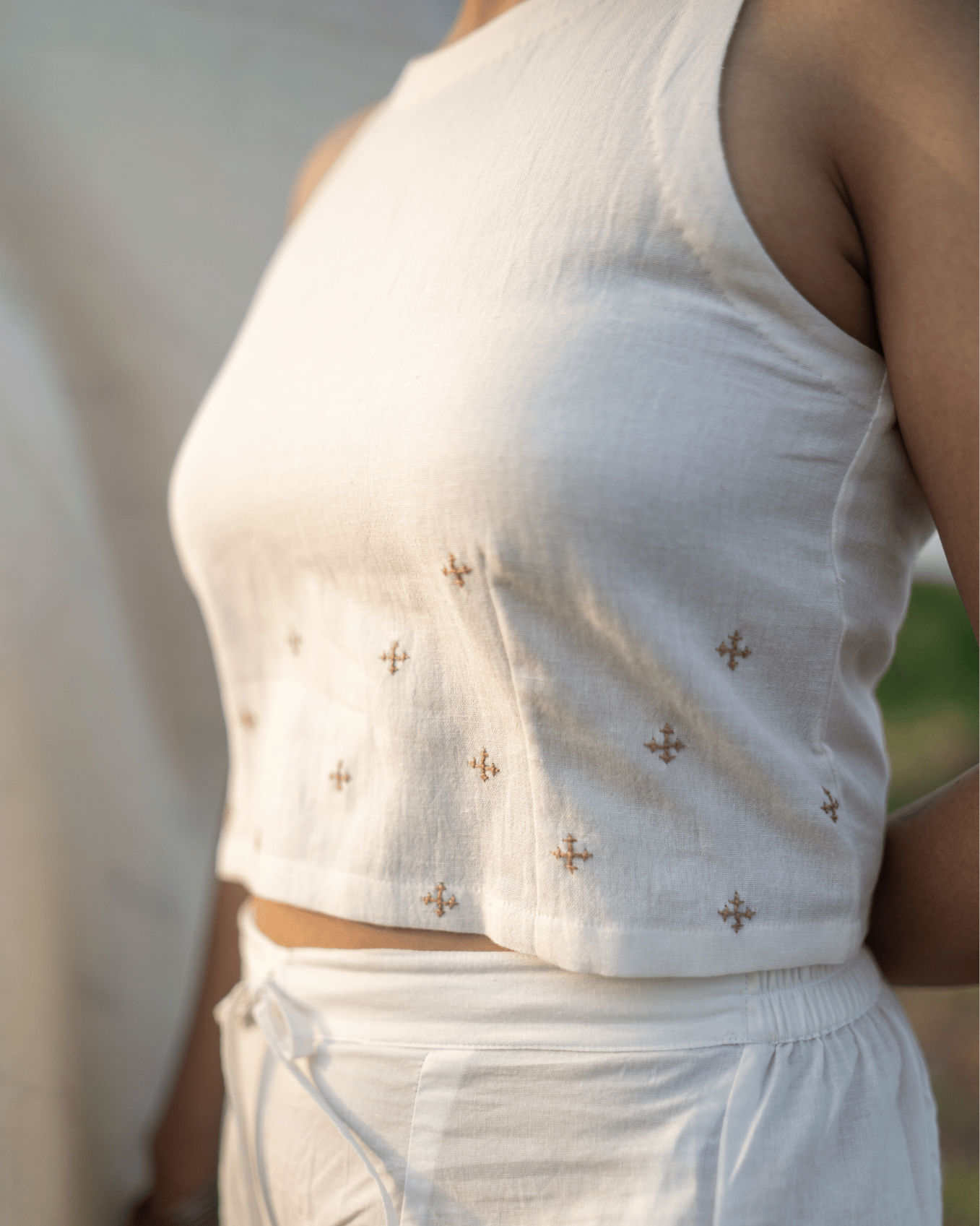 Hand Embroidered Crop Top - Clay White-S