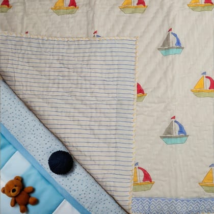 Boat Design Handcrafted Block Printed Kids Quilt | Soft & Cozy Cotton Quilt for Babies & Toddlers-Boat