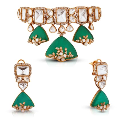 Lyana - Doublet Drop Choker Set-Green & White