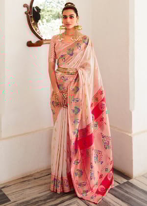 Sweet Pink Woven Paithani Silk Saree With Brocade Blouse