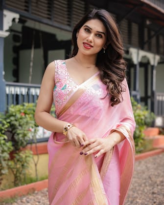 Soft Baby Pink Plain Chiffon Saree with Gold Zari Border, Geometric Embroidered Blouse & Tassel Detailing-Regular