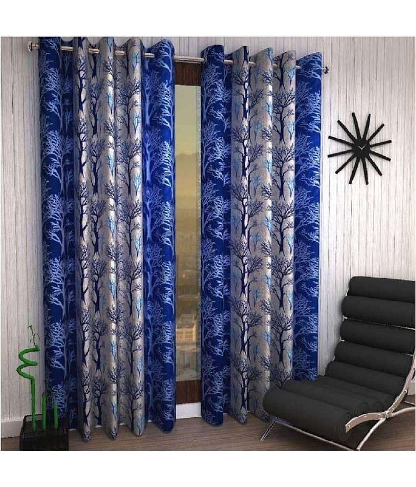 Tanishka Fabs Floral Semi-Transparent Eyelet Door Curtain 7 ft Pack of 2 -Blue