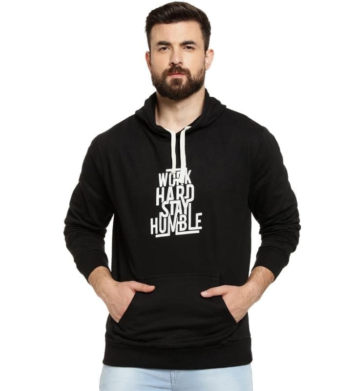 Men's Casual Printed Fleece Hooded Neck T-Shirt (Black, L)-PID47739