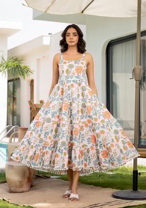 White Floral Printed Shoulder Strip Calf Long Dress-4XL