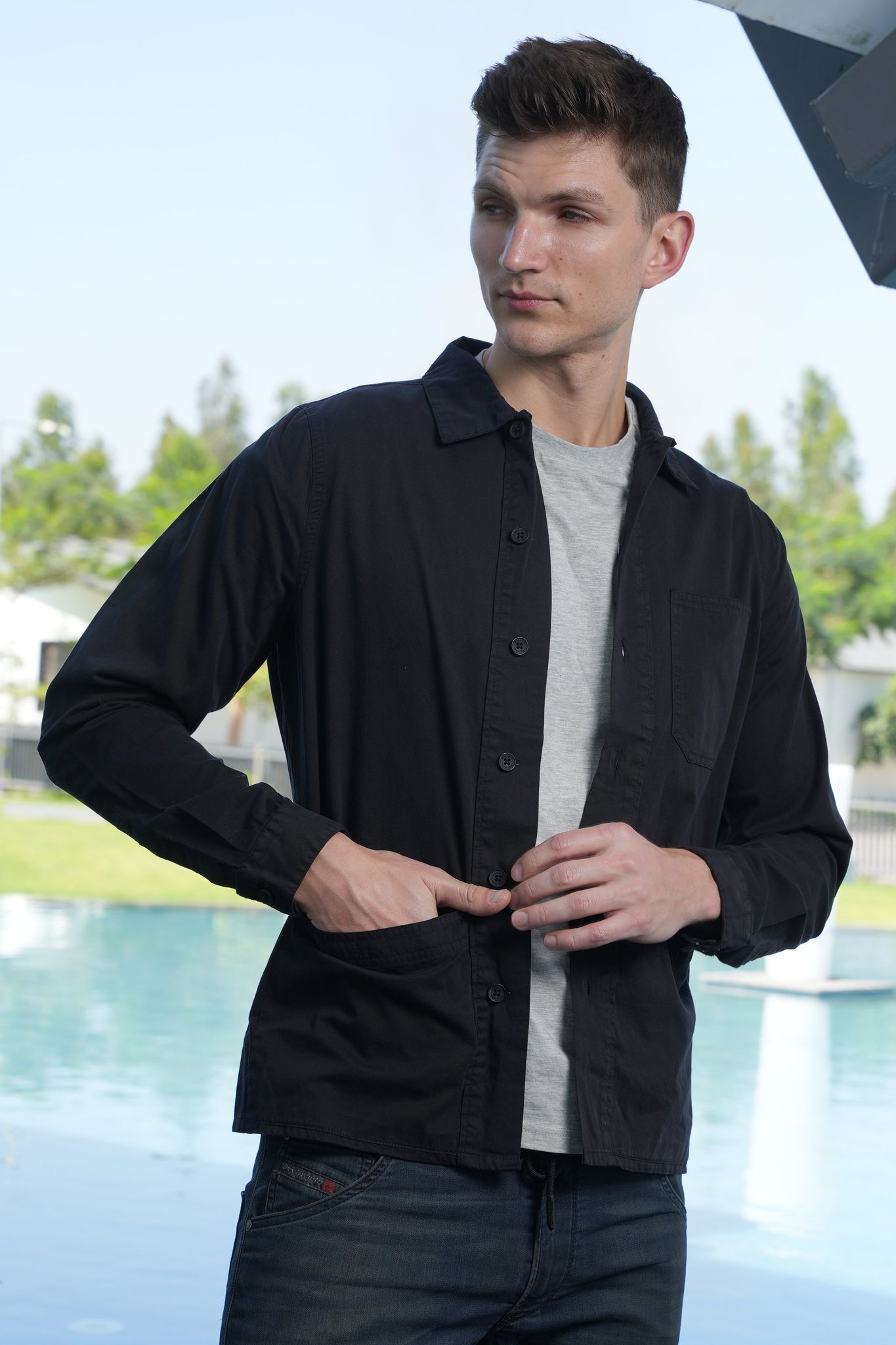 Zander - Overdyed Twill Overshirt - Black-S-38 / BLACK