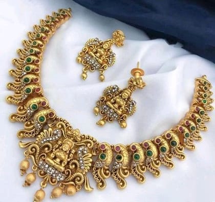 Women's Gold Plated Traditional Brass Necklace and Earrings Set (Multicolor, Free Size)