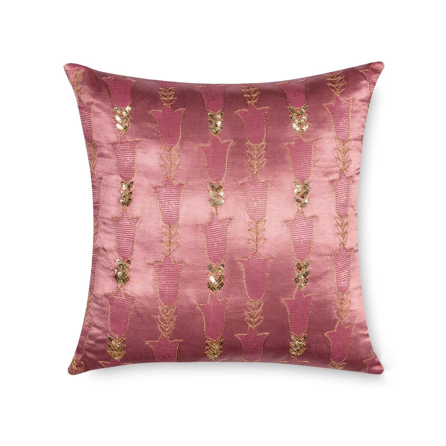 Hand Printed and Embroidered Mashru Cushion Cover Pink Pack of 1 12x12 Inches