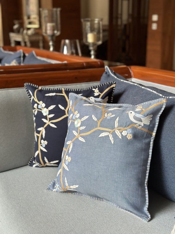 KRI India Bloom Perching Bird Cushion Cover| Navy Blue | 16x16 inches | Wash & Care | 100% Cotton | Handcrafted in India. 100% organic & natural.