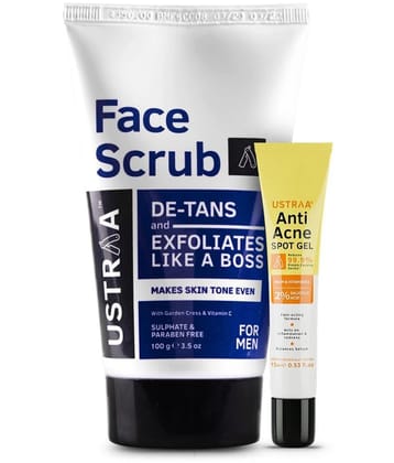 Ustraa Anti Acne Spot Gel - 15ml & Face Scrub for de-Tan - 100g