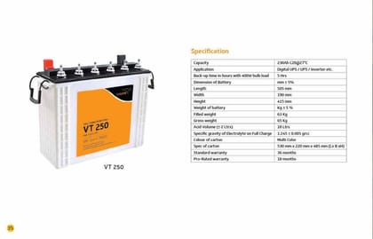 V-Guard VT 250 Tall Tubular Inverter Battery (230Ah) | High Cycle Life Backup Power | Home & Office UPS