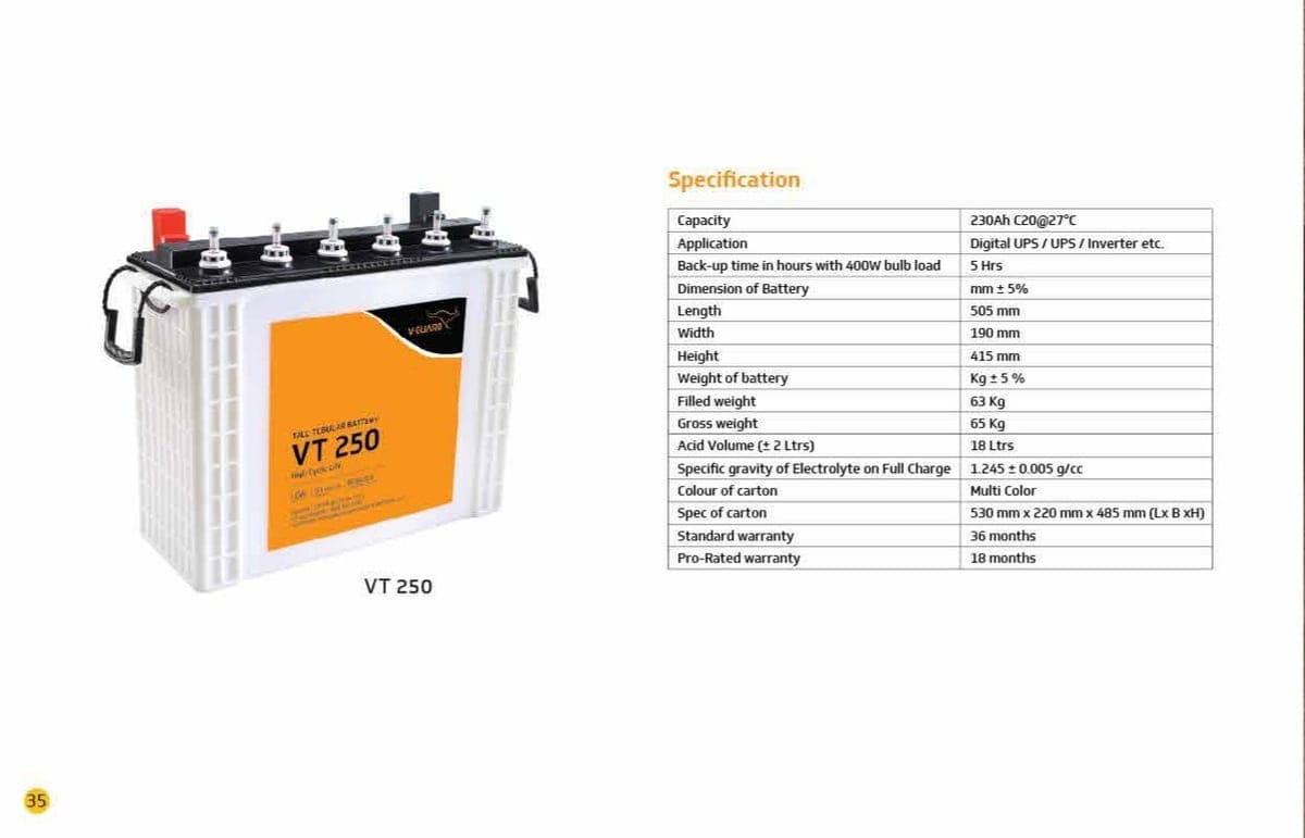 V-Guard VT 250 Tall Tubular Inverter Battery (230Ah) | High Cycle Life Backup Power | Home & Office UPS