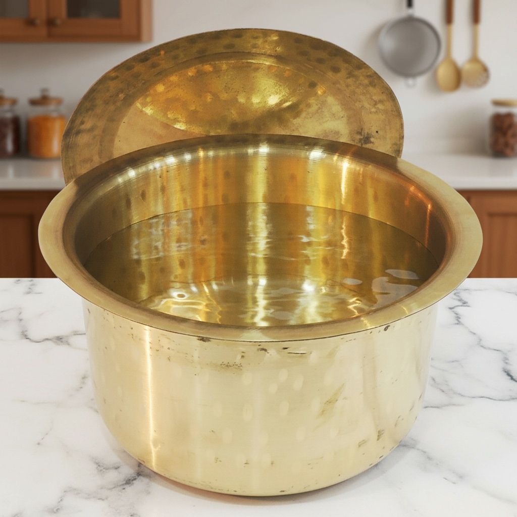 Brass Bhagona With Lid 4 Liter | Traditional Indian Cookware, Height : 5.5 Inch (ZMAS637 E)