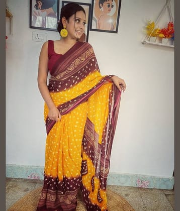 Kashvi Sarees Georgette Printed Ilkal Saree With Unstitched Blouse Piece ( Yellow )