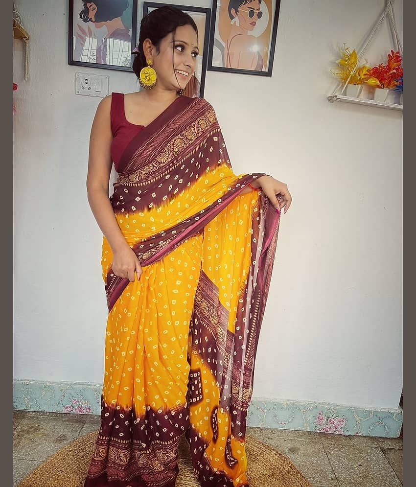Kashvi Sarees Georgette Printed Ilkal Saree With Unstitched Blouse Piece ( Yellow )