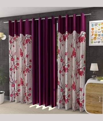 Kraftiq Homes Floral Semi-Transparent Eyelet Curtain 5 ft ( Pack of 3 ) - Wine