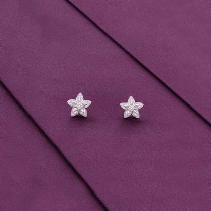 Sterling Silver Solitaire Floral Stud Earrings-White Stone / Silver