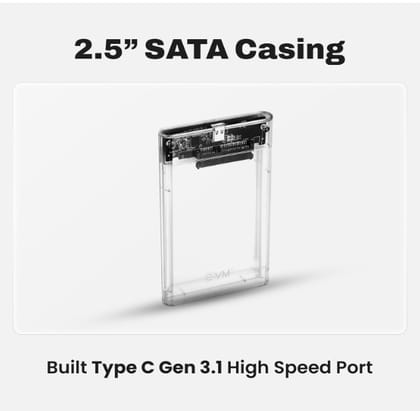 EVM 2.5" SATA SSD Casing - Type-C Gen 3.1 Portable External Hard Drive/Transparent Case Cover- Fast Transfer Speeds above 5Gbps. Included Cables (Type C & USB) - The-Go Storage & Data Backup(ESC-TP02)
