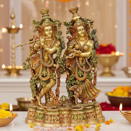 Brass Radha Krishna Platform Idol - Religious Temple Decor, Height : 27 Inch (BSMAS689 A)