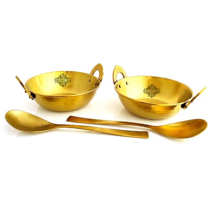 Indian Art Villa Set of Steel with Brass Finish D/W Hammered Design Kadhai No.1, Kadhai No.2, Serving Spoons x2, 4 Pieces Set