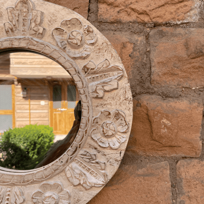 Wooden Carving Round Wall Mirror Color White
