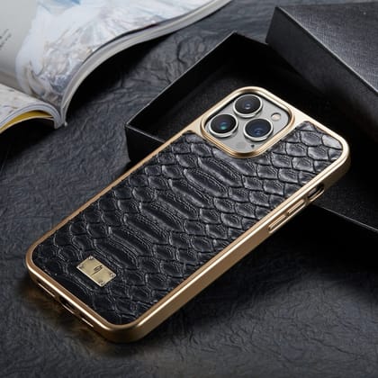 Jet Black Gold Plated Premium Leather Luxury Case-iPhone 14 Pro Max