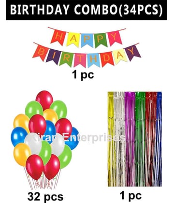 Kiran Enterprises Happy Birthday Banner ( Pink ) + 1 Fringe Curtain ( Gold ) + 32 Metallic Balloon ( Pink, Gold )    )