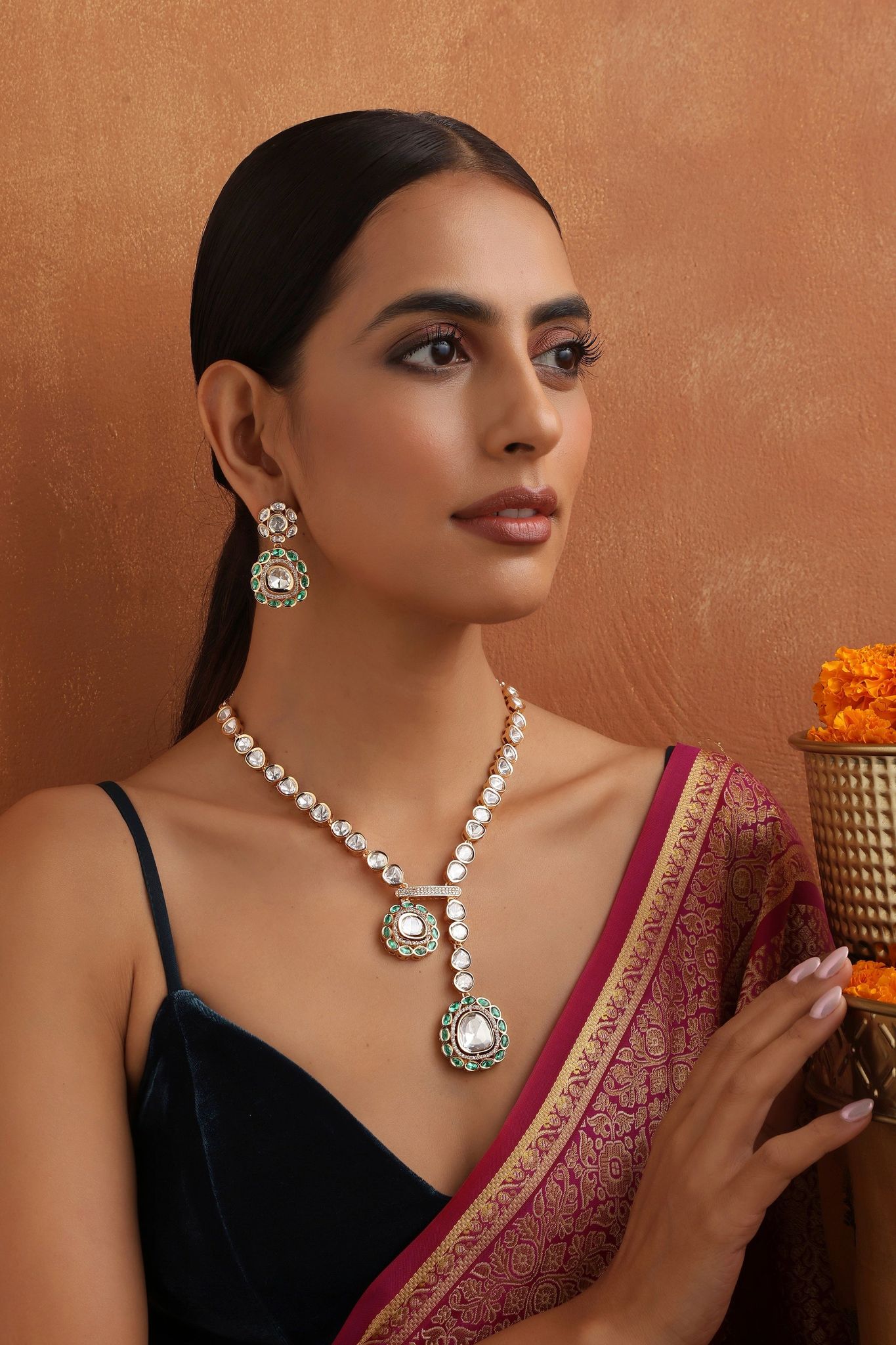Yaavi Green Polki Necklace Set-Polki