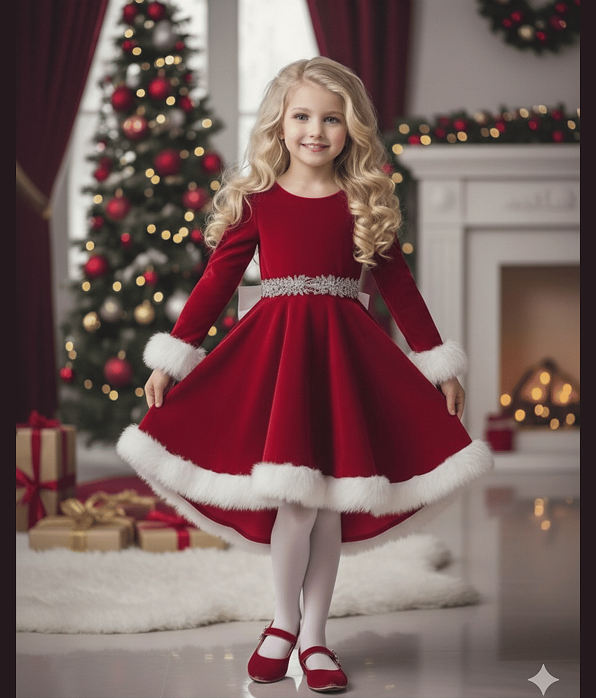 DS DRESSES Velvet Frock For Girls ( Pack of 1 , Red )