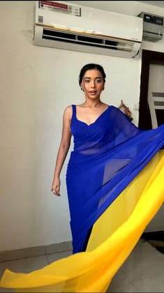Blue and Yellow Georgette Alia Bhatt Saree  by SHIV TEXTILES Blue and Yellow Georgette Alia Bhatt Saree  by SHIV TEXTILES