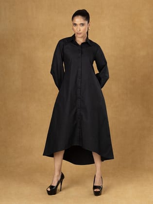 Black Solid High Low Shirt Dress-XS