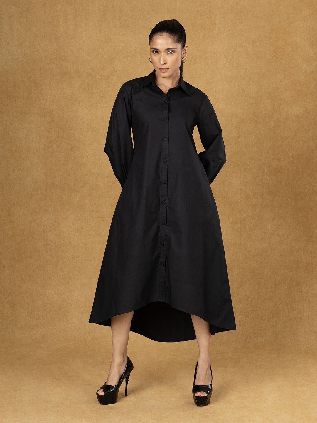 Black Solid High Low Shirt Dress-XS