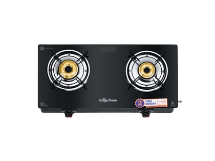 Surya Flame Creta Gas Stove 2 Burners Glass Top, Tri-pin Brass Burner, 2 Burner Gas Stove, Stove 2 Burner, Manual Ignition, Ultra Slim Design with Toughened Glass Top, Removable Drip Tray - Black