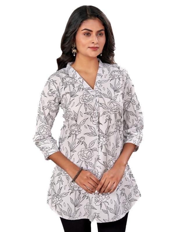 Women's Poly Crepe Chinese Collar 3/4 Sleeves Short Top (Black-White, XL)-PID56257