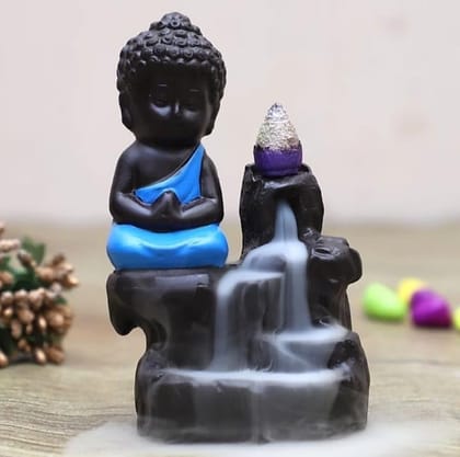 Right Corner Buddha Idol Fountain with Smoke Backflow Cones Decorative Smoke Waterfall Tabletop Decor