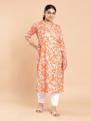 Kalyan Silks Floral Printed Orange Peach Color Kurti Top