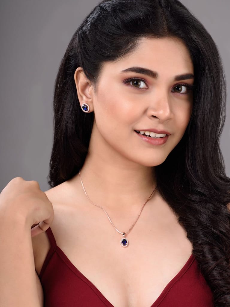 Rose Gold Plated Blue AD Solitaire pendant Locket Set Earrings and Chain - Jewellery Sets | Buy online on ZillyBuy