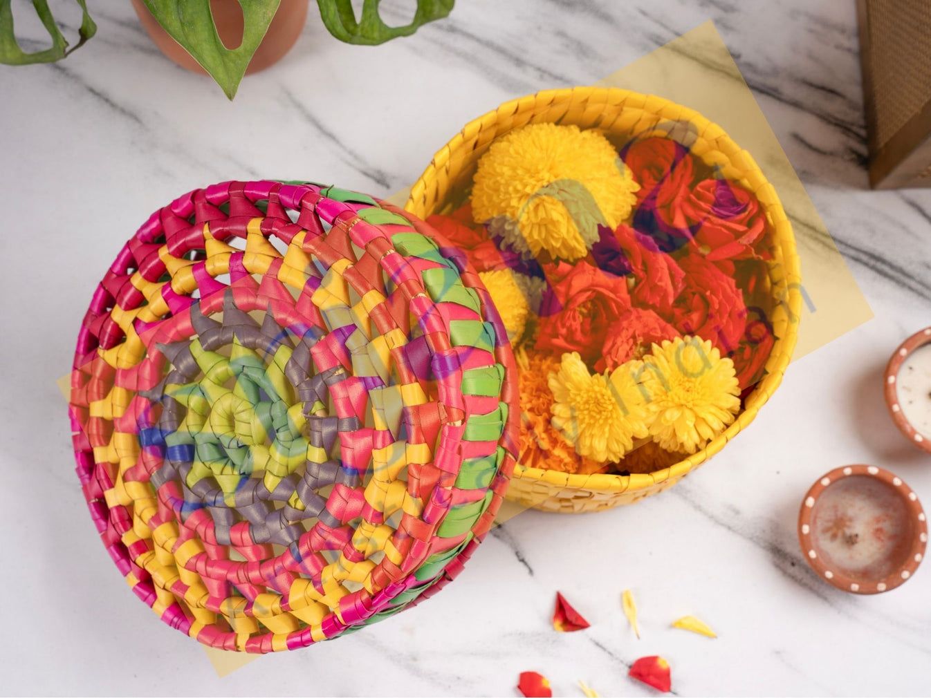 Srjana Handcrafted Handwoven Colorful Round Palm Leaf Basket