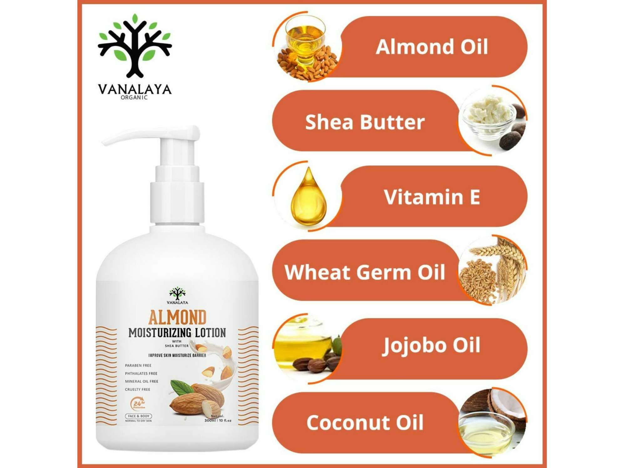 Almond Moisturizing Lotion with shea butter Vitamin E and coconut oil Paraben Free Sulphate free Mineral oil free for Face and Body 300ml