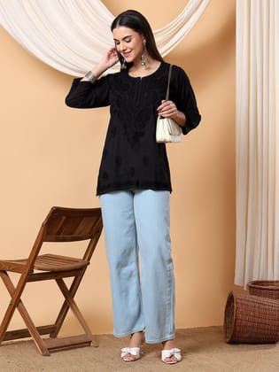 Adya Chikankari Dyed Short Kurti-Black / S